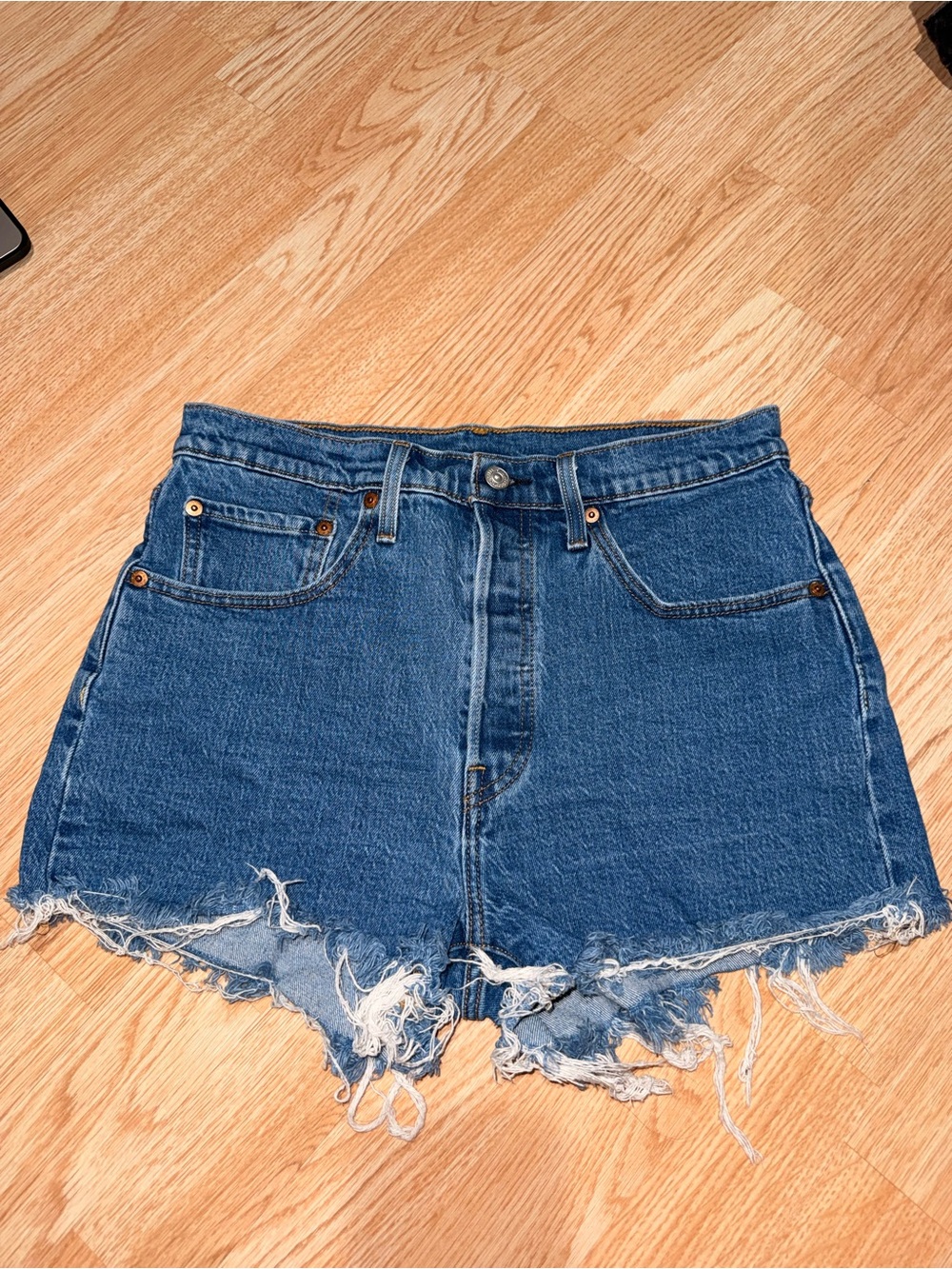 Levi's Blue Distressed High-Rise Denim Shorts